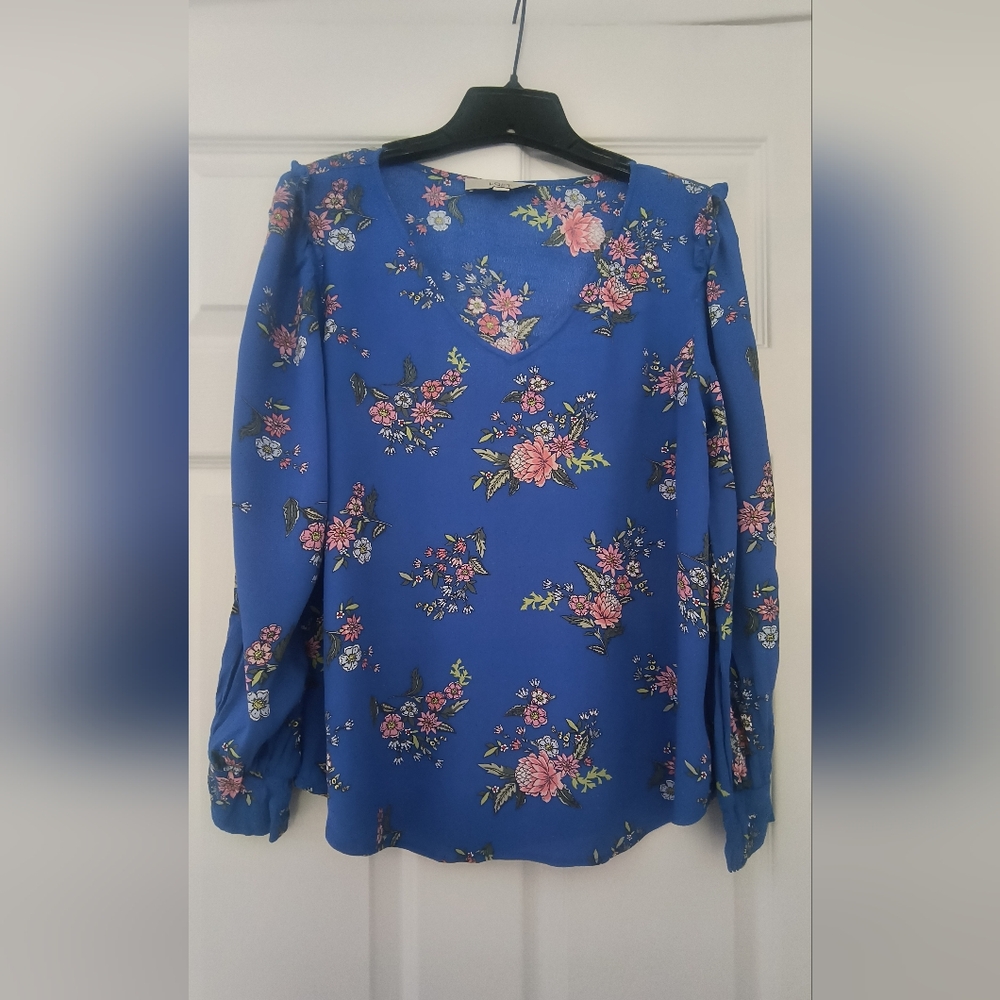 Loft Blue Floral V Neck Ruffle Long Sleeve Top M